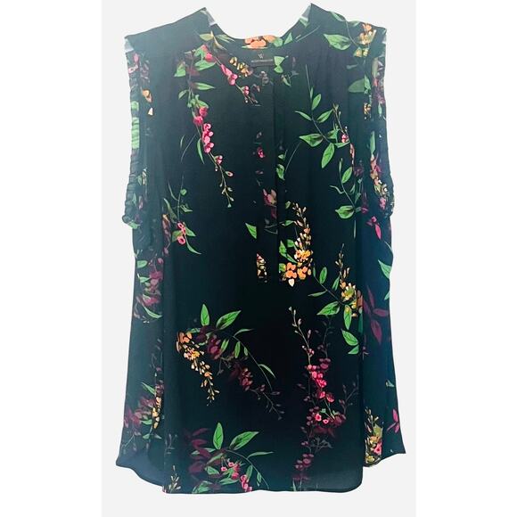 WORTHINGTON SLEEVELESS HALF-BUTTON BLOUSE, WOMENS-XL-BLACK-PINK ORG GREEN FLORAL - Picture 1 of 11